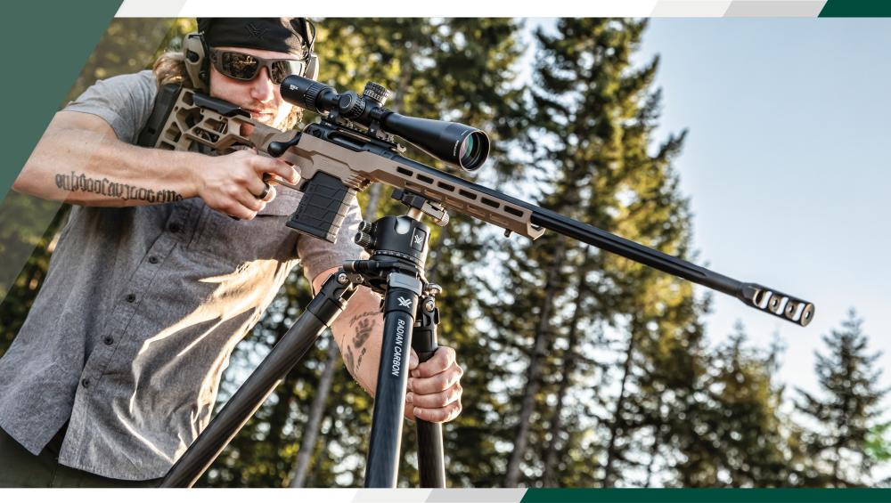 Long-range shooter with rifle mounted on the Radian™ Carbon Tripod