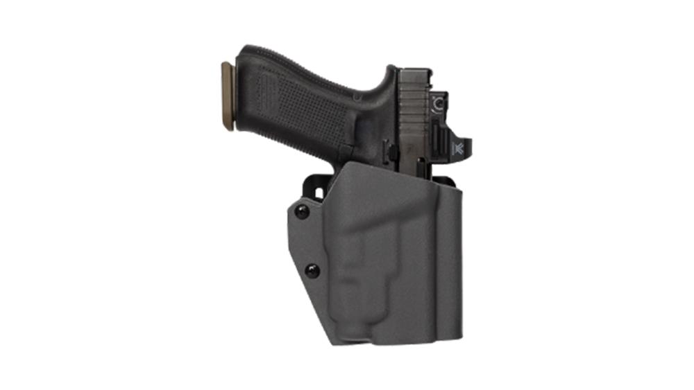 A display of a hand gun in a black holster.