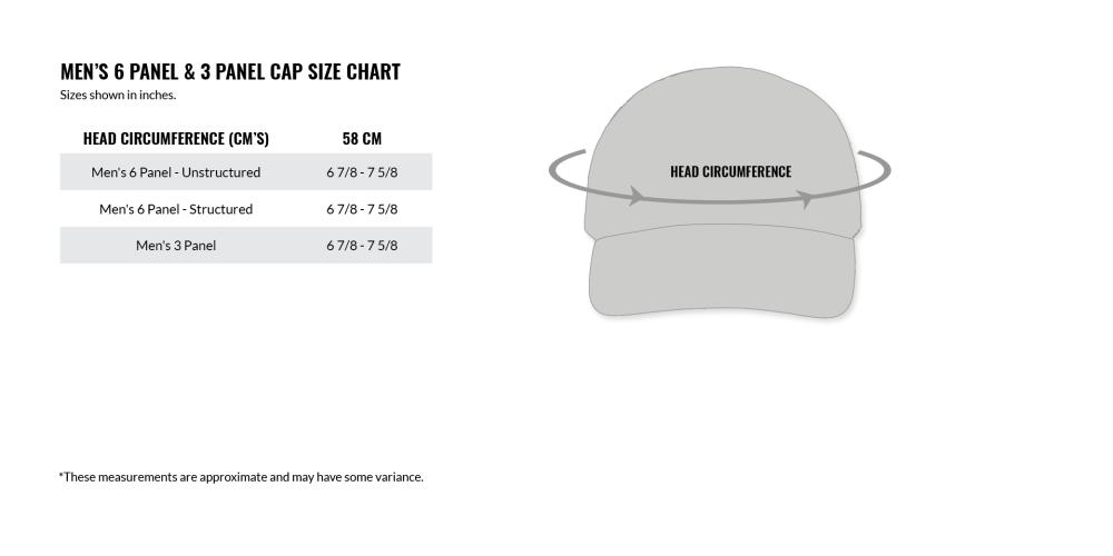 Men's 6 Panel & 3 Panel Cap Size Chart