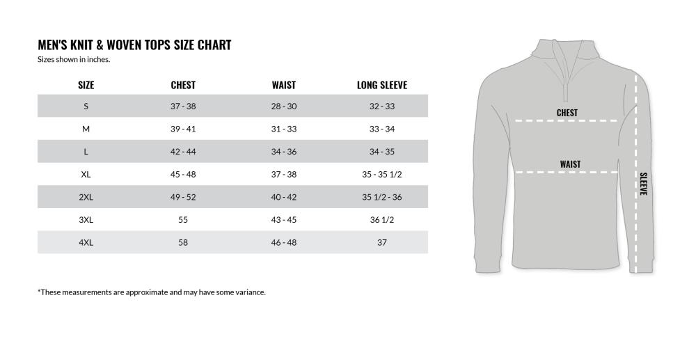 Men's Lifestyle Knit Woven Tops Size Chart